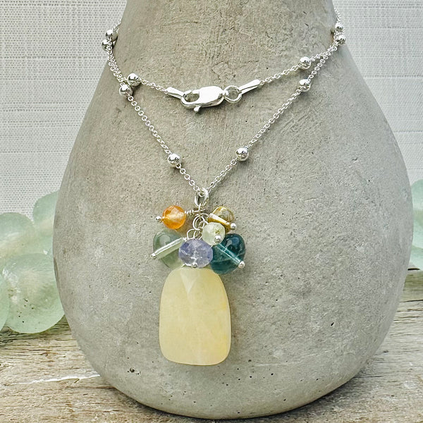Sterling Silver, Yellow Calcite, Fluorite, Citrine, Kyanite, & Prehnite Cluster Necklace