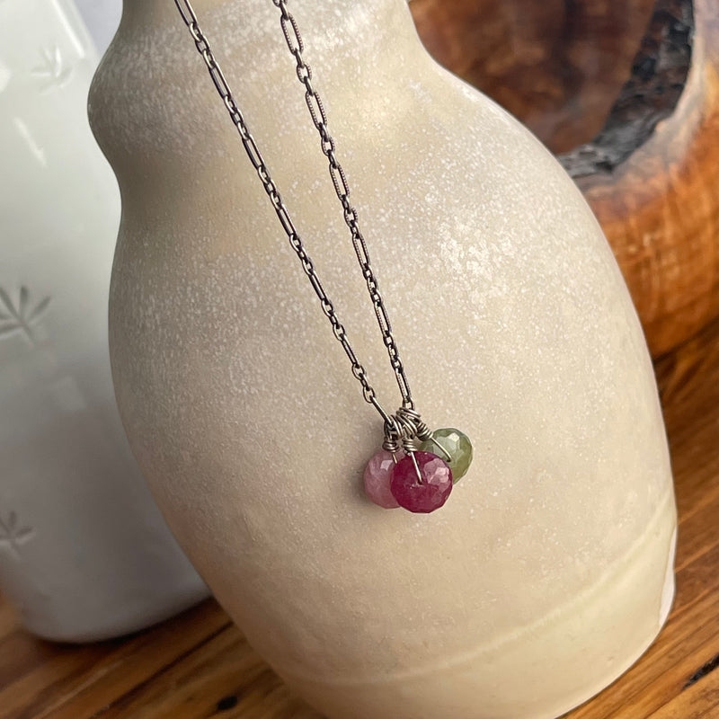 Oxidized Sterling Silver Pink & Green Sapphire (1/4” sapphires) Necklace