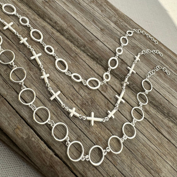 Sterling Silver Adjustable Cross, Circles, Ovals Bracelet 7”-8”