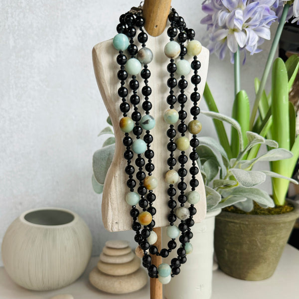 Triple Stand Aquamarine & Onyx Bead Necklace 16”-18”