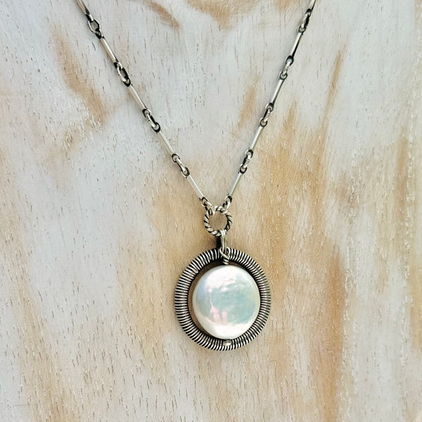 Sterling Silver Wrapped Pearl Coin Necklace