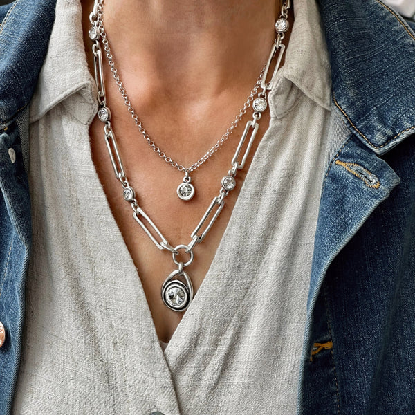 Sterling Silver over Pewter & Crystal Linked Necklace 17”-20”