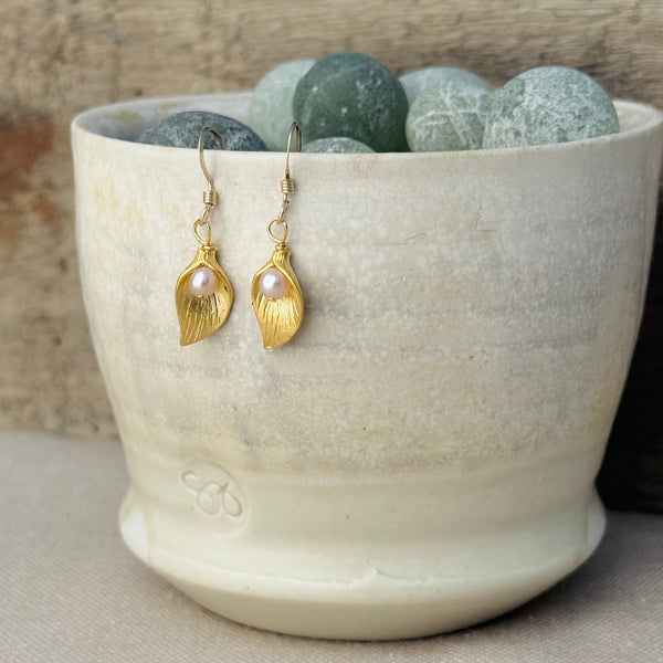 Gold-filled leaf &  Pearl Earrings 1 1/4”