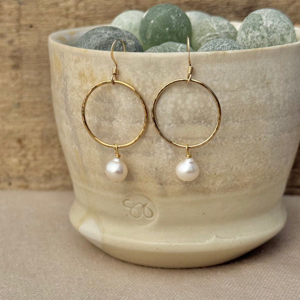 Gold-filled Hoop Pearl Earrings 1 5/8”