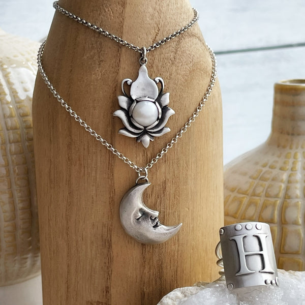 Sterling Silver Crescent Moon Face Necklace (1 in.)