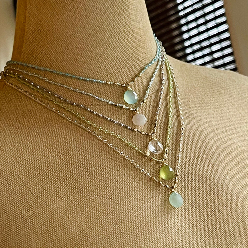 Gold-filled Woven Linen Gemstone Necklaces - Prehnite, Clear Quartz, Aqua Chalcedony, & Moonstone 16”-18”