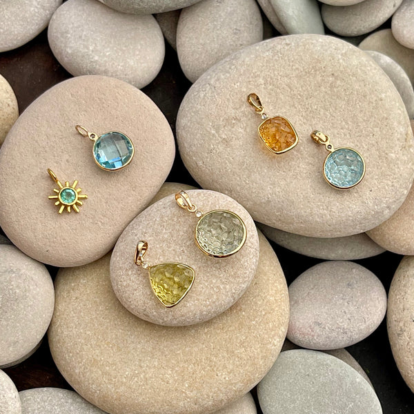 18K Gold Diamond & German Carved Gemstone Pendants .60”