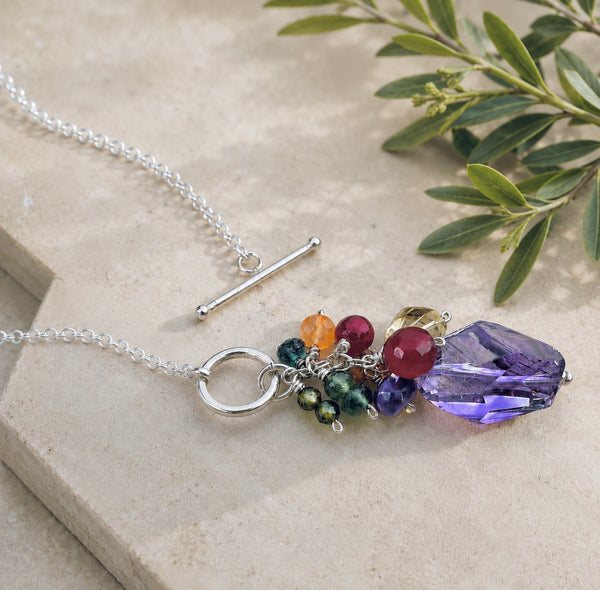 Sterling Silver Gemstone Cluster Necklace