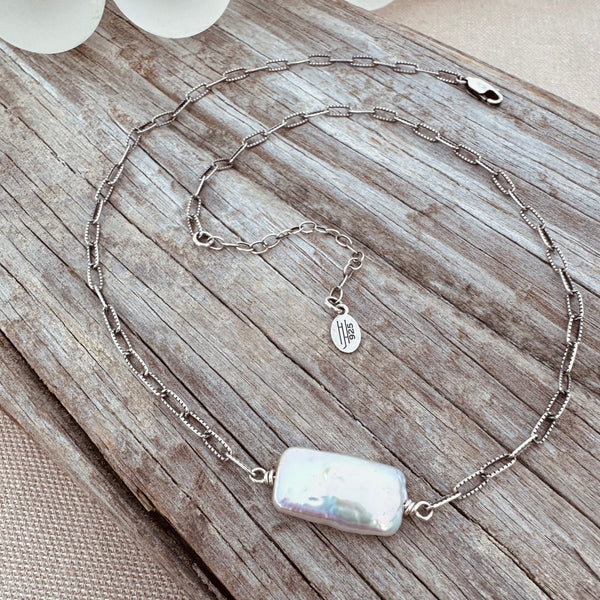 Sterling Rectangle Pearl Necklace