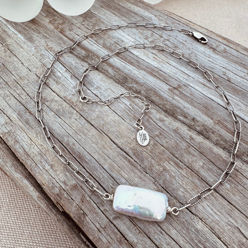Sterling Rectangle Pearl Necklace