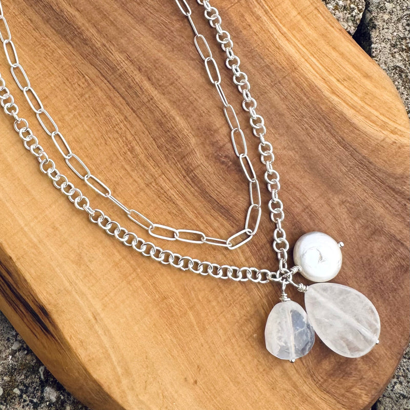 Sterling Silver Double Chain, Moonstone & Pearl Necklace