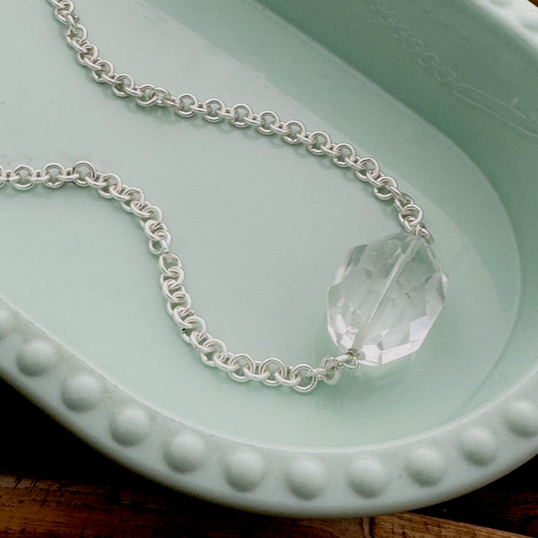 Sterling Silver Large Faceted Crystal Quartz Necklace