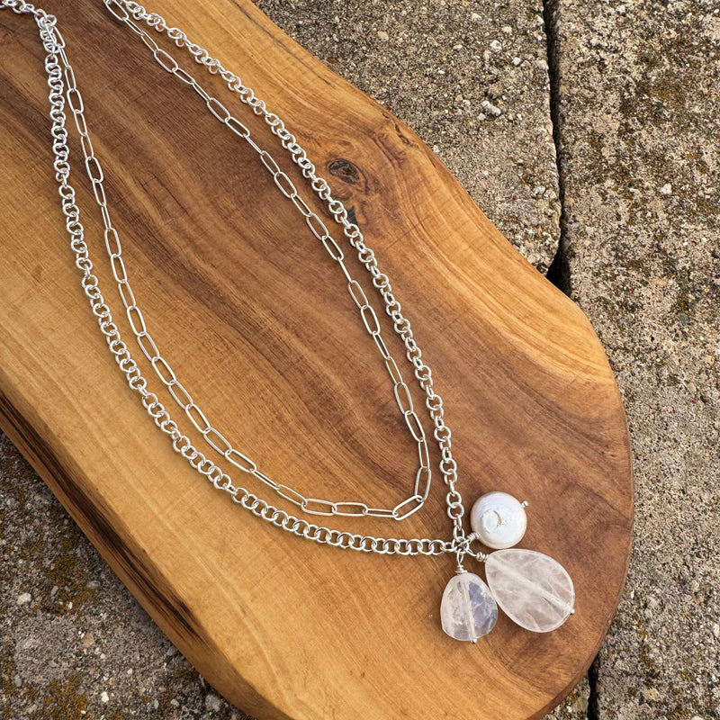 Sterling Silver Double Chain, Moonstone & Pearl Necklace