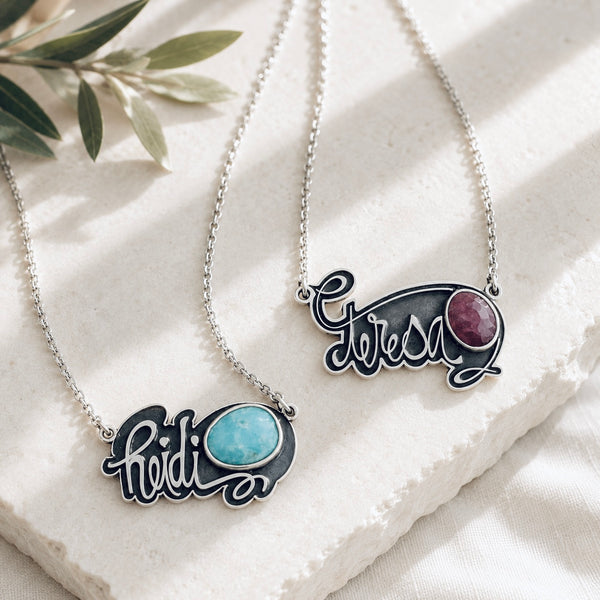 Sterling Silver Name & Gemstone Necklace