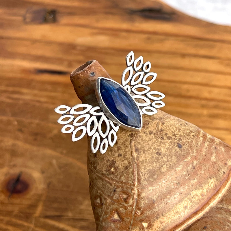 Adjustable Sterling Silver and Faceted Kyanite Wings Ring