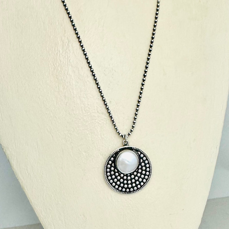 Sterling Silver Dotted Disc & Freshwater Pearl Necklace