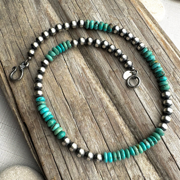 Navajo Beaded Sterling & Turquoise Necklace 16”