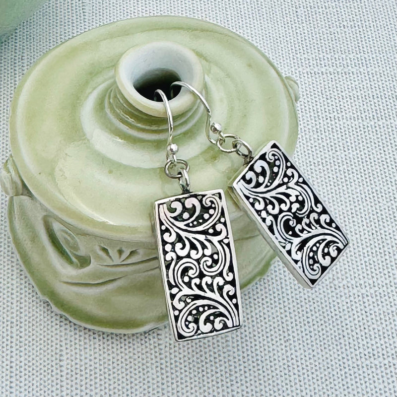 Sterling Silver Rectangle Scroll Earrings 1.25”