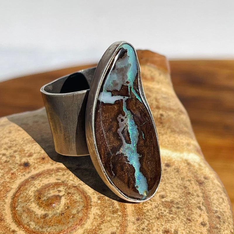 Adjustable Sterling Silver and Large Australian Boulder Opal Ring