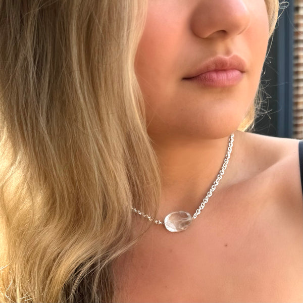 Sterling Silver Large Faceted Crystal Quartz Necklace