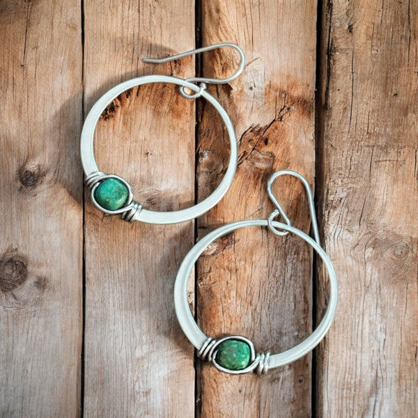 Sterling Silver Turquoise Twisted Hoop Earrings 1.5”