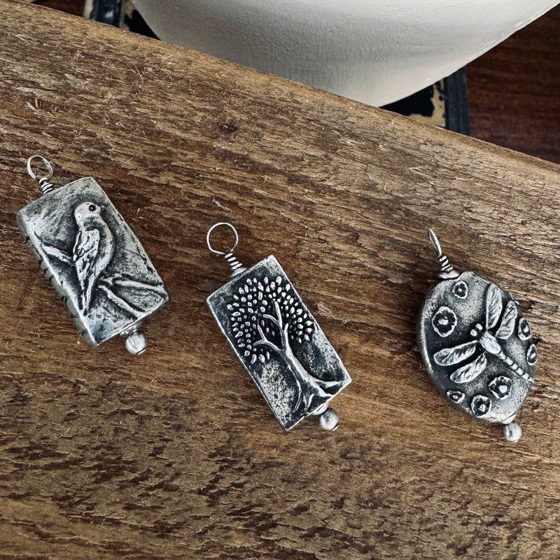 Pewter Pendants - Owl, Bird/Nest, Tree/Leaf, and Dragonfly