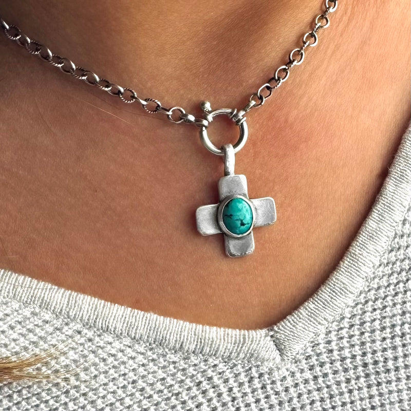 Sterling Silver Turquoise Cross Necklace