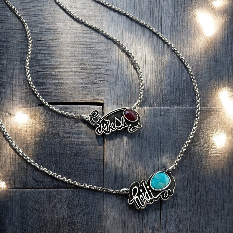 Sterling Silver Name & Gemstone Necklace
