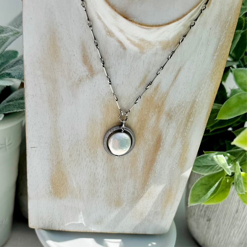 Sterling Silver Wrapped Pearl Coin Necklace