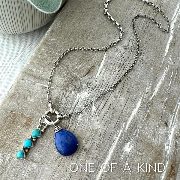 Sterling Silver Charm Chain, Lapis Pendant, & Turquoise Pendant