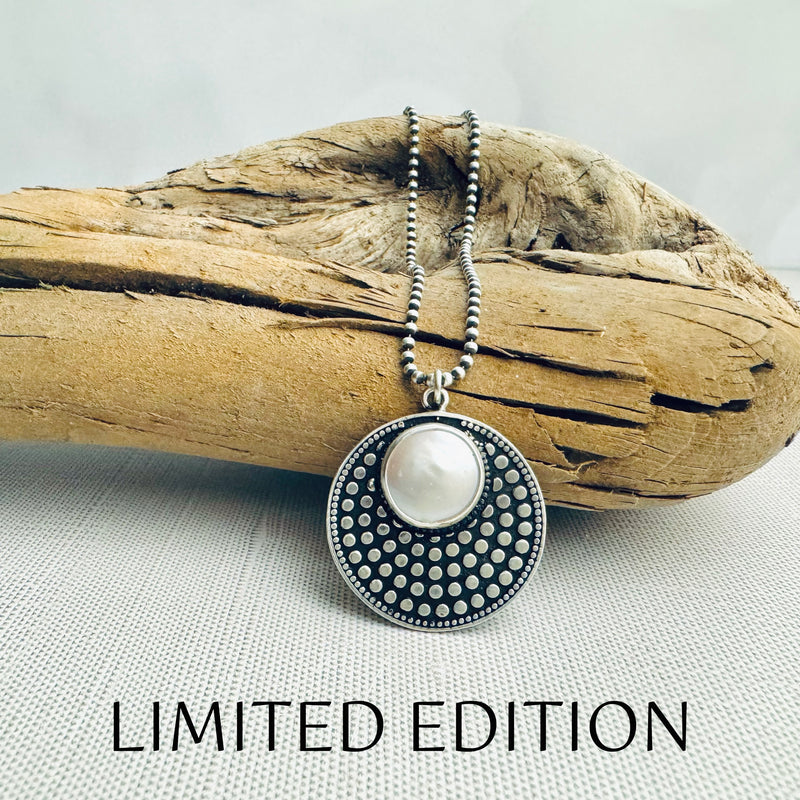 Sterling Silver Dotted Disc & Freshwater Pearl Necklace