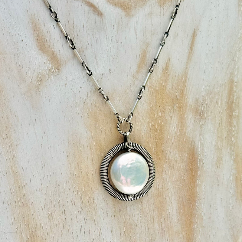 Sterling Silver Wrapped Pearl Coin Necklace