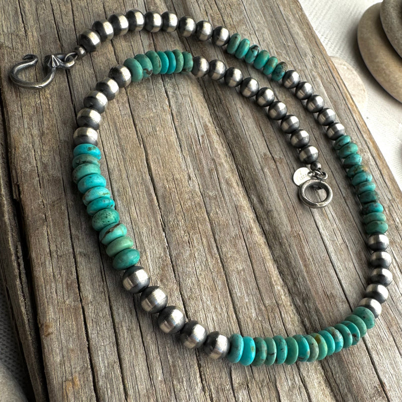 Navajo Beaded Sterling & Turquoise Necklace 16”
