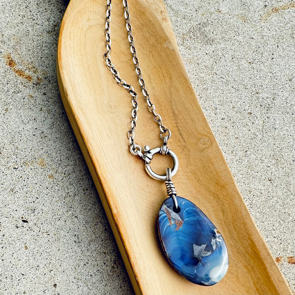 Sterling Silver & Australian Boulder Opal Necklace 16” One Of A Kind