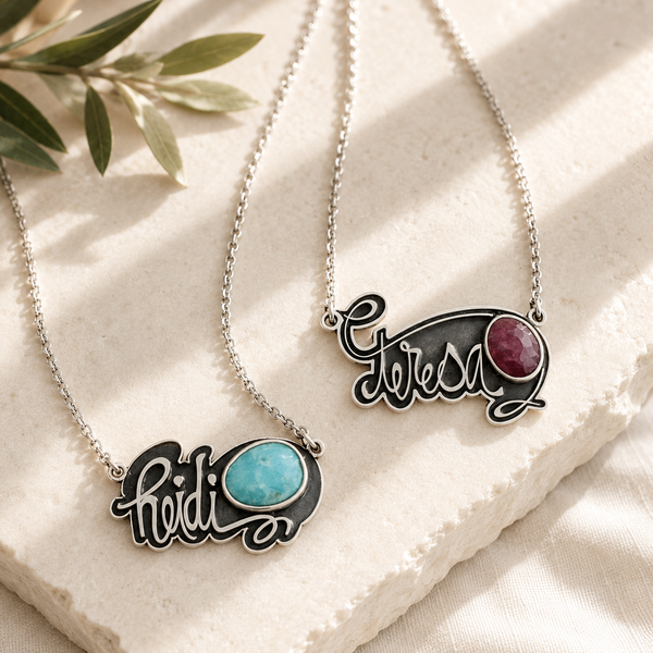 Sterling Silver Name & Gemstone Necklace