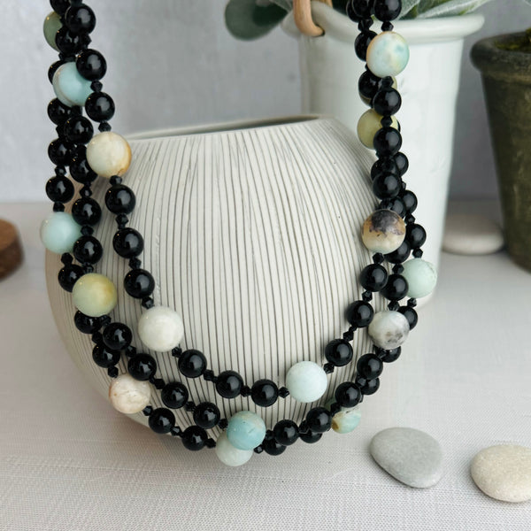 Triple Strand Aquamarine & Onyx Bead Necklace 16”-18”