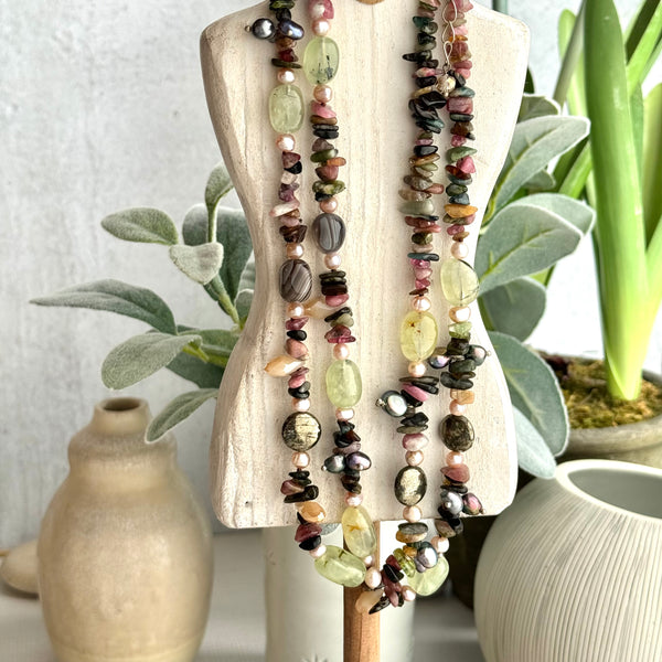 Prehnite, Tourmaline, Freshwater Pearls, & Agate Necklace 16”-18”