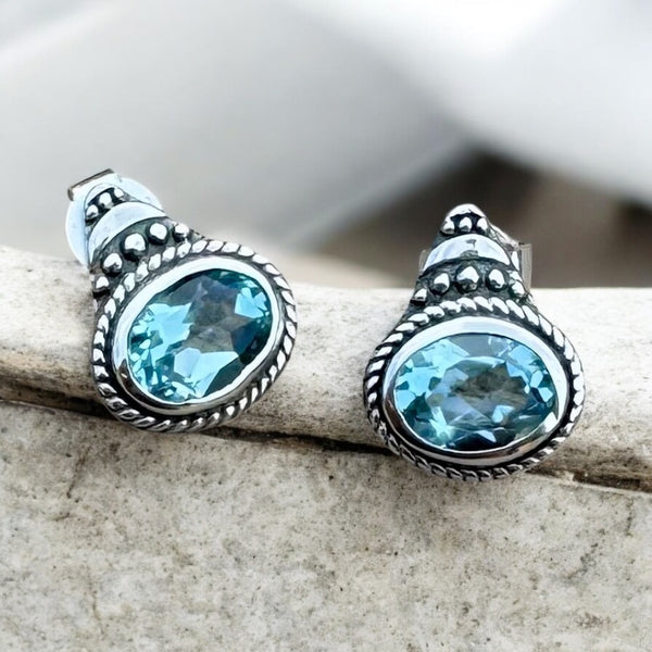Sterling Silver Blue Topaz Earrings 5/8”