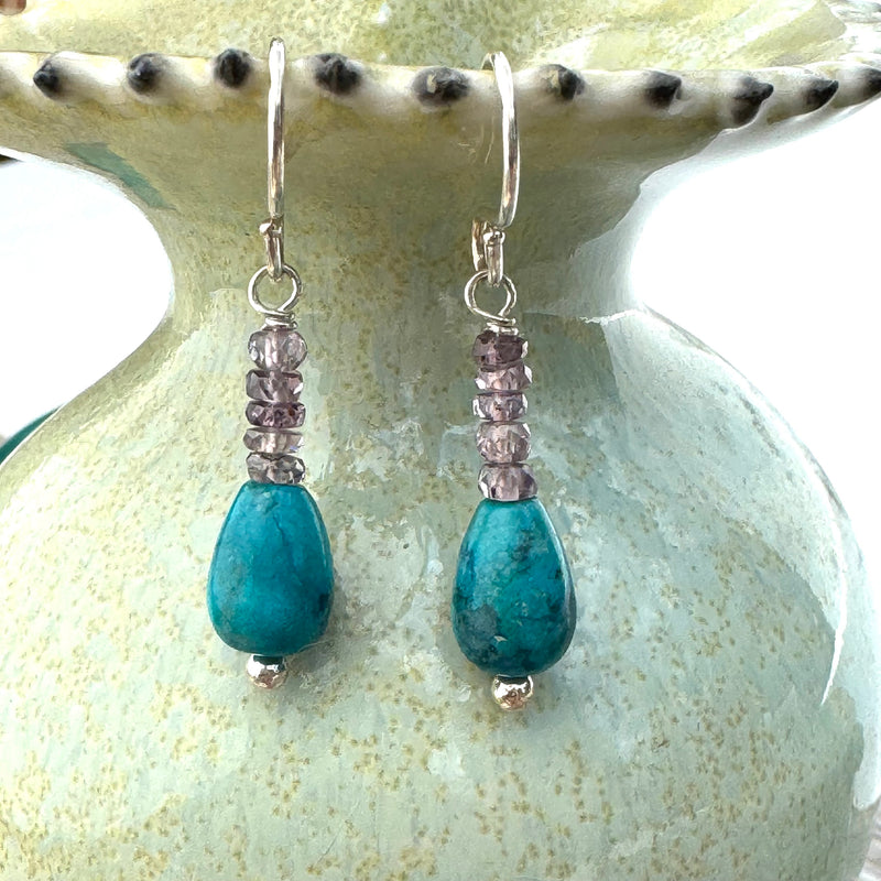 Sterling Silver, Turquoise, & Amethyst Earrings 1.25”