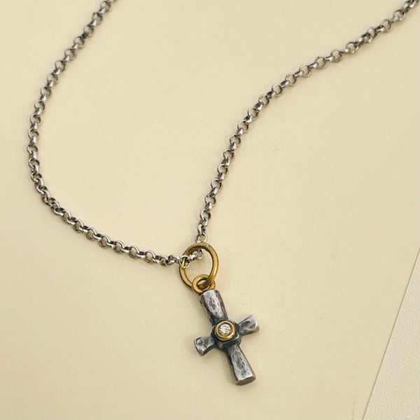 22K Gold & Sterling Silver Cross with .04 Diamond Necklace 16”-18”