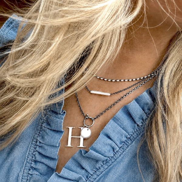 Sterling Silver Initial Letter Necklace with Freshwater Pearl Coin & Stick Charms
