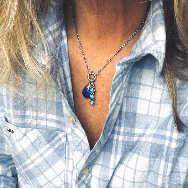 Sterling Silver Charm Chain, Lapis Pendant, & Turquoise Pendant