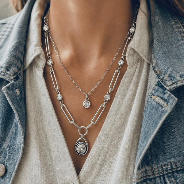 Sterling Silver over Pewter & Crystal Linked Necklace 17”-20”