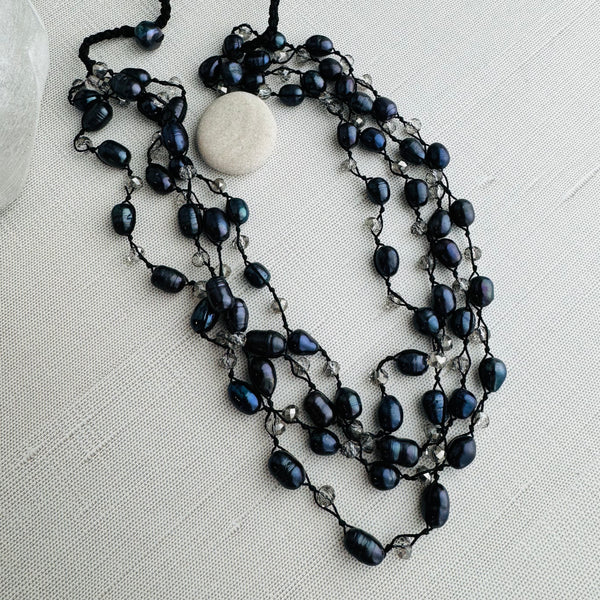 Woven Freshwater Navy Pearls & Crystals - can be worn at 20” 22” 24”