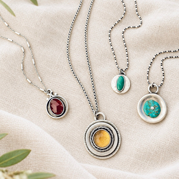 Sterling Silver Gemstone Necklaces - Citrine, Garnet, & Turquoise
