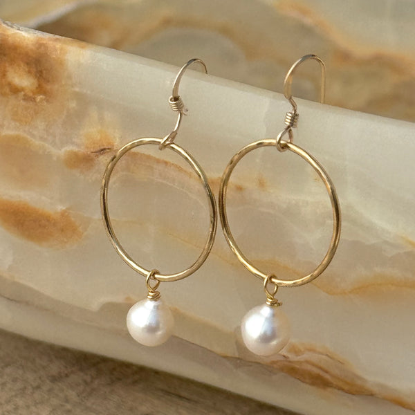 Gold-filled Hoop Pearl Earrings 1 5/8”