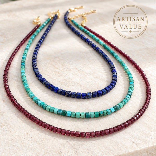 Handmade turquoise necklace featuring tiny 2mm blue-green cube beads