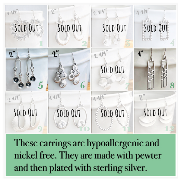 Sterling Silver over Pewter Earrings - 1”-2.75”