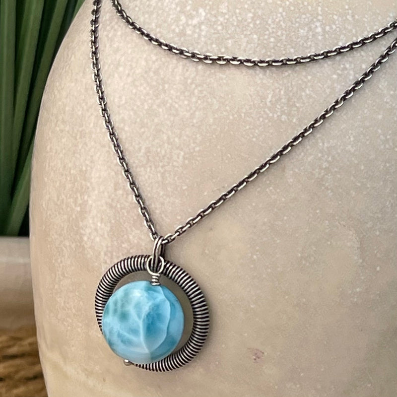 Sterling Silver Wrapped Larimar Necklace