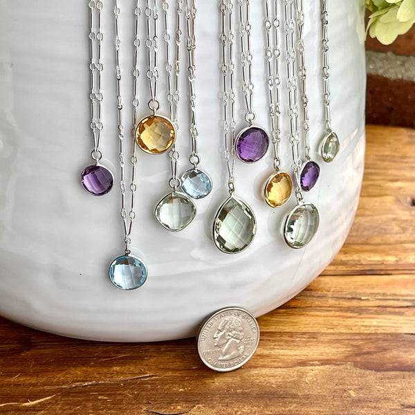 Sterling Silver, Amethyst, Green Amethyst, Blue Topaz, Or Citrine Necklaces 16”-18”